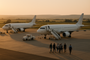 Două avioane de pasageri pe platforma unui aeroport regional din România, la apus