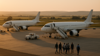 Două avioane de pasageri pe platforma unui aeroport regional din România, la apus