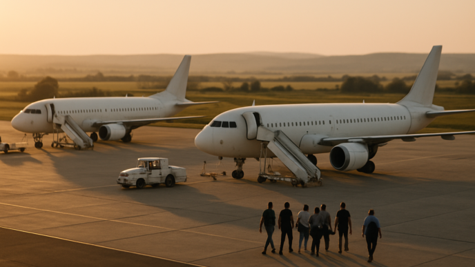 Două avioane de pasageri pe platforma unui aeroport regional din România, la apus