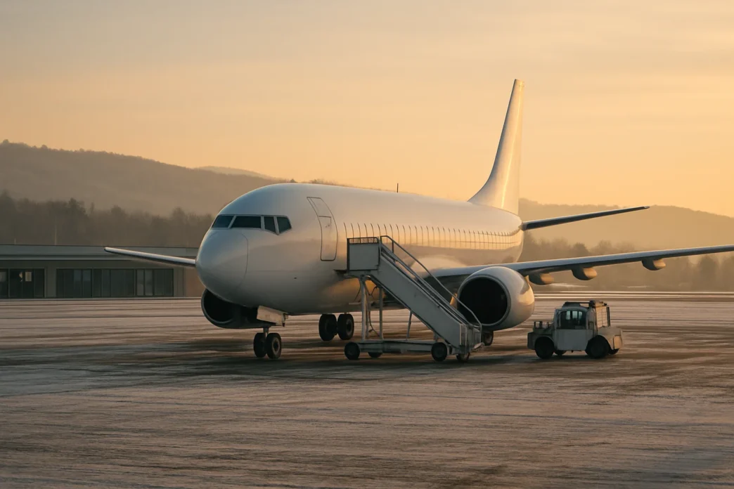 Avion de pasageri staționat pe platforma unui aeroport regional european într-o dimineață de iarnă, cu scară de îmbarcare și terminal în fundal