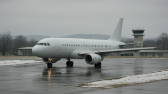 Avion de linie pe platforma unui aeroport regional, iarna, sub un cer acoperit.
