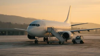 Avion de pasageri staționat pe platforma unui aeroport regional european într-o dimineață de iarnă, cu scară de îmbarcare și terminal în fundal