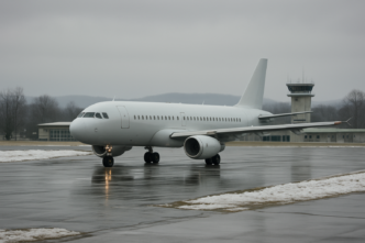 Avion de linie pe platforma unui aeroport regional, iarna, sub un cer acoperit.