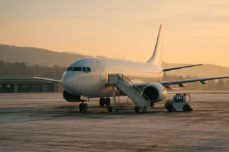 Avion de pasageri staționat pe platforma unui aeroport regional european într-o dimineață de iarnă, cu scară de îmbarcare și terminal în fundal