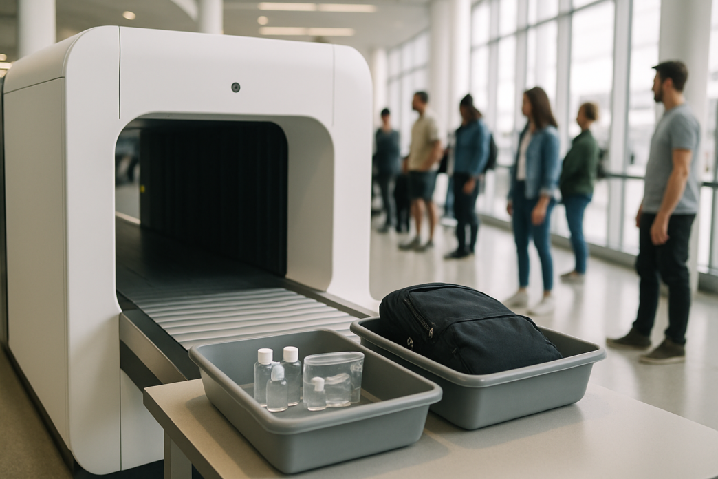 Control de securitate la aeroport, cu scaner modern de bagaje și recipiente de lichide pregătite în tăvi