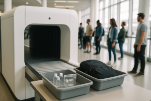 Control de securitate la aeroport, cu scaner modern de bagaje și recipiente de lichide pregătite în tăvi