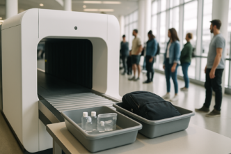 Control de securitate la aeroport, cu scaner modern de bagaje și recipiente de lichide pregătite în tăvi