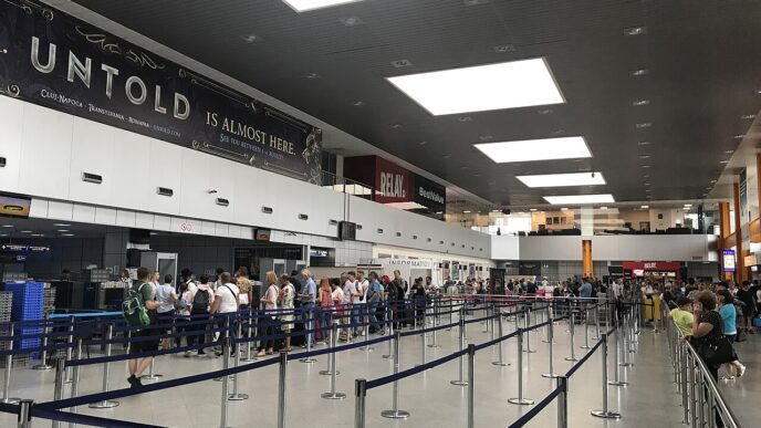 Pasageri la ghișeele de check-in din terminalul Aeroportului Internațional Avram Iancu Cluj-Napoca
