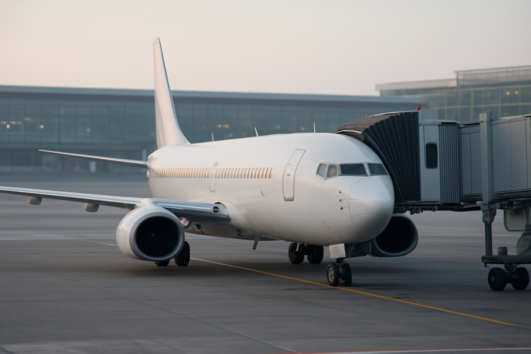 Avion de pasageri cu reactoare, de tip narrow-body, parcat la o pasarelă de îmbarcare pe platforma unui aeroport european
