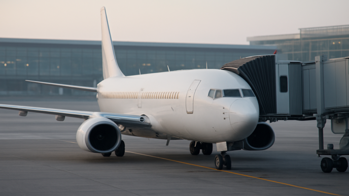 Avion de pasageri cu reactoare, de tip narrow-body, parcat la o pasarelă de îmbarcare pe platforma unui aeroport european