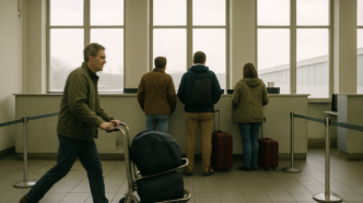 Patru călători cu bagaje în sala de check-in a unui aeroport mic, la ghișee, lângă ferestre înalte