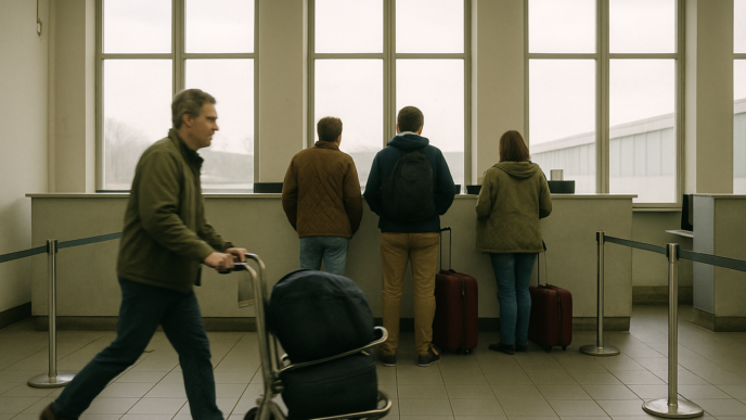 Patru călători cu bagaje în sala de check-in a unui aeroport mic, la ghișee, lângă ferestre înalte