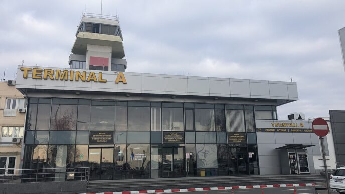 Clădirea Terminalului A și turnul de control ale aeroportului din Timișoara, într-o zi înnorată
