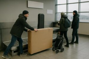 Cutie rigidă de schiuri și cutie de bicicletă pe rolele ghișeului de bagaje supradimensionate, lângă pasageri în terminal