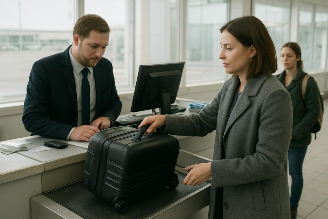 Pasageră predând un bagaj pe rotile la ghișeul de check-in, cu un agent de handling în spatele tejghelei