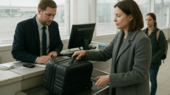 Pasageră predând un bagaj pe rotile la ghișeul de check-in, cu un agent de handling în spatele tejghelei