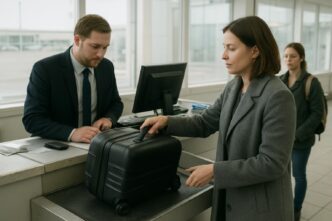 Pasageră predând un bagaj pe rotile la ghișeul de check-in, cu un agent de handling în spatele tejghelei